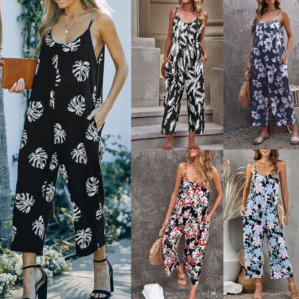Floral Print Casual Jumpsuit – Stylish Summer Overalls with Pockets