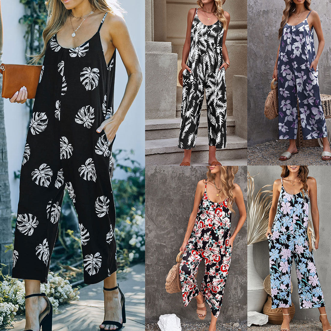 Floral Print Casual Jumpsuit – Stylish Summer Overalls with Pockets