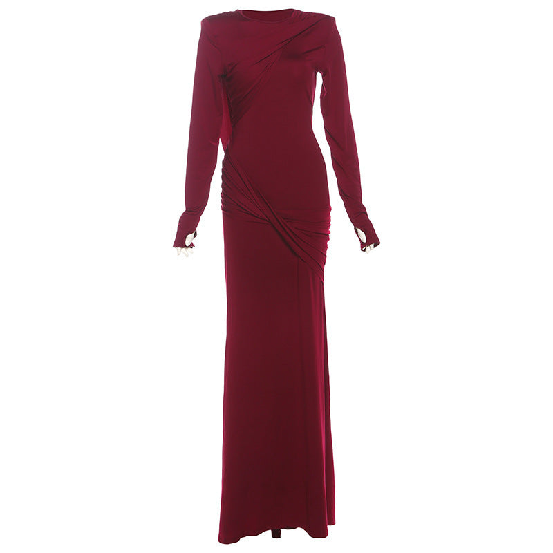 Polyester Women's Slim Fit Backless Long Sleeve Solid Color Dress