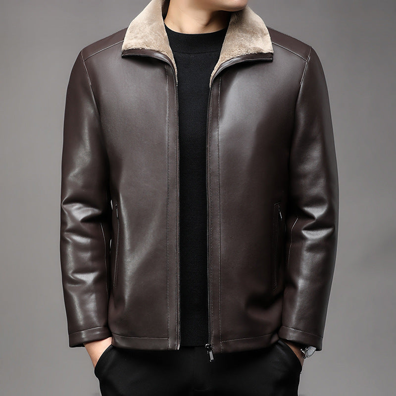 Men’s Leather Jacket Fur Lapel Fleece-Lined Warm Coat