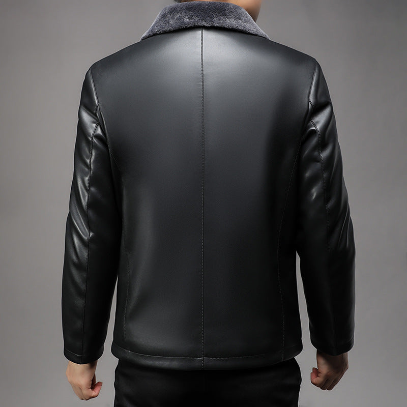 Men’s Leather Jacket Fur Lapel Fleece-Lined Warm Coat