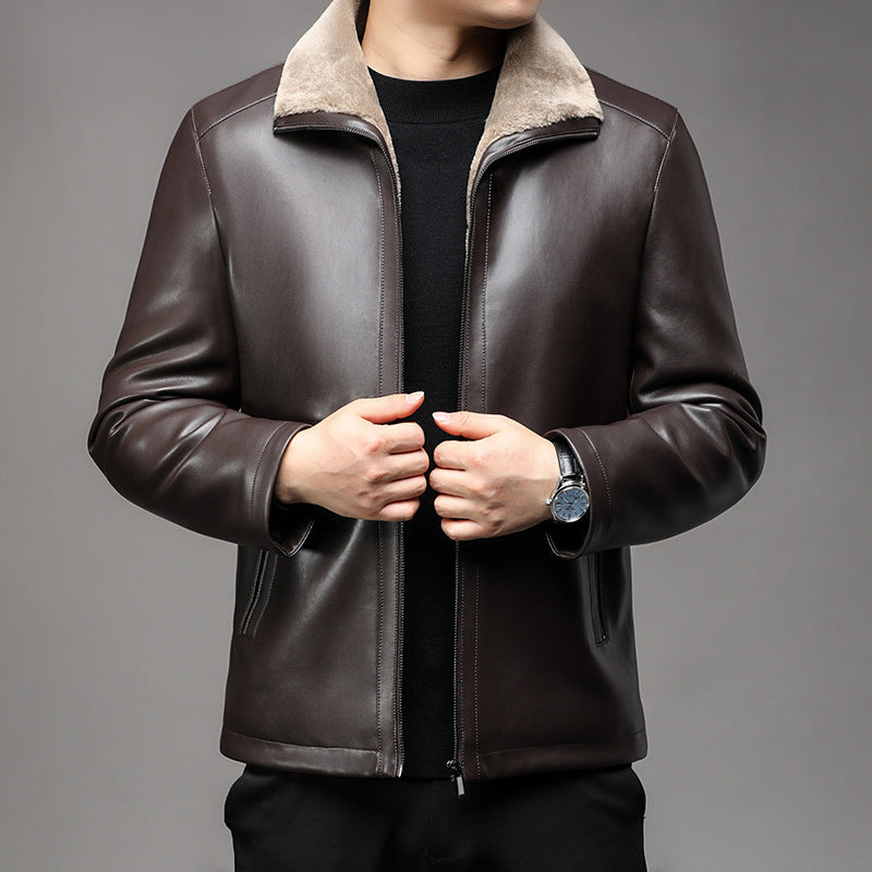 Men’s Leather Jacket Fur Lapel Fleece-Lined Warm Coat
