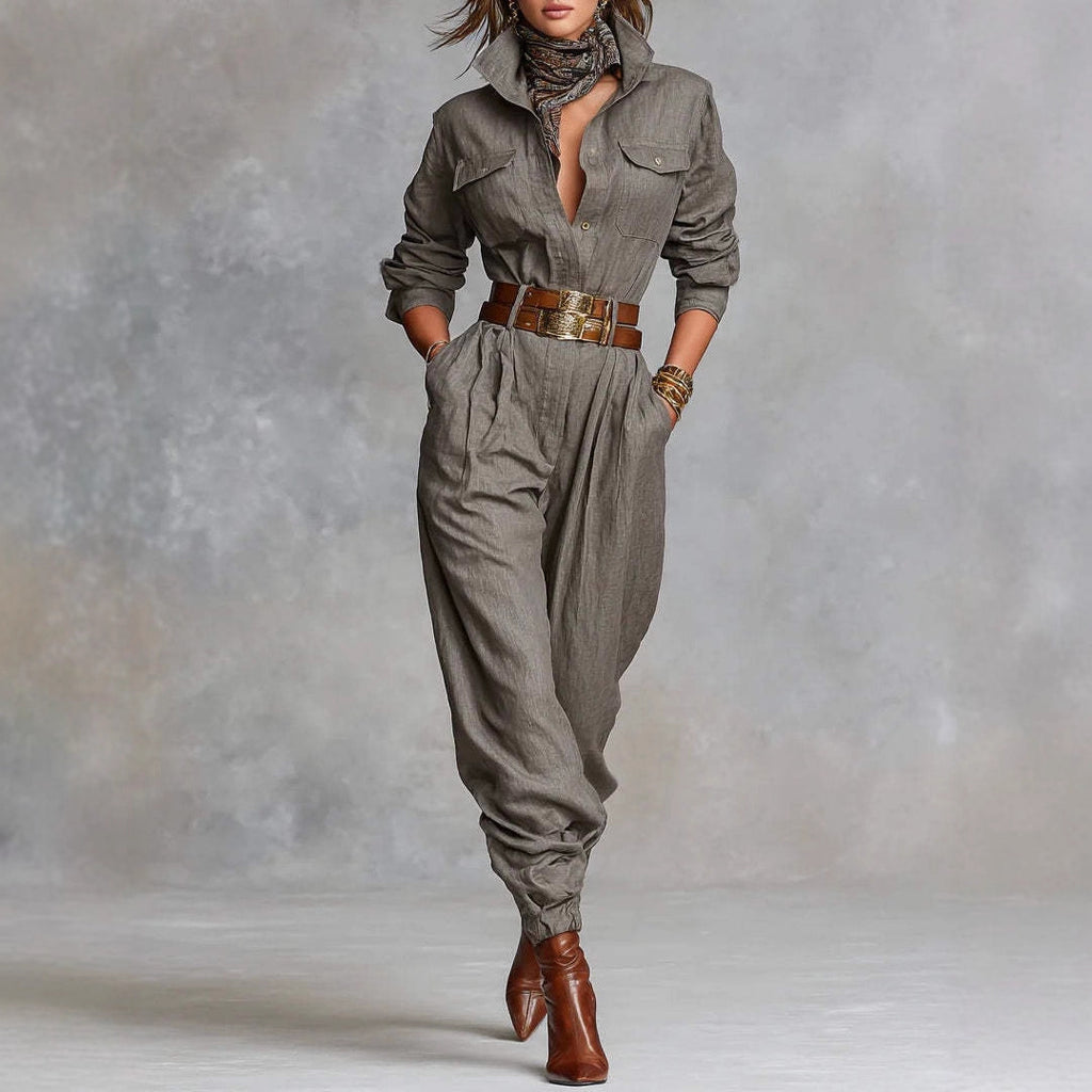 Women’s Long-Sleeved Lapel Jumpsuit Elegant & Trend