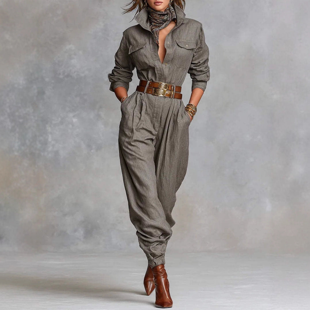 Women’s Long-Sleeved Lapel Jumpsuit Elegant & Trend