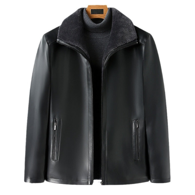 Men’s Leather Jacket Fur Lapel Fleece-Lined Warm Coat