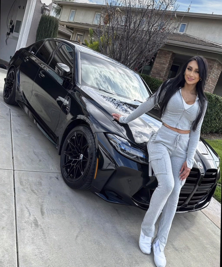 Women's Casual Tight Sportswear Multi-pocket Overalls With Coat And Cap Suit Pants