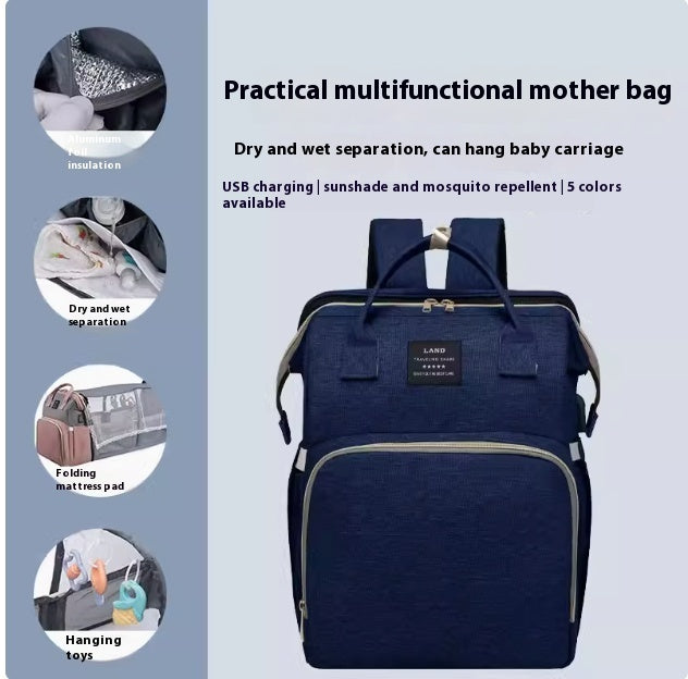 Multifunctional Baby Diaper Backpack With Folding Crib