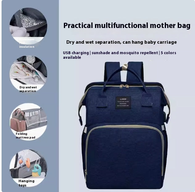 Multifunctional Baby Diaper Backpack With Folding Crib