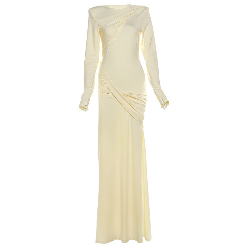 Polyester Women's Slim Fit Backless Long Sleeve Solid Color Dress