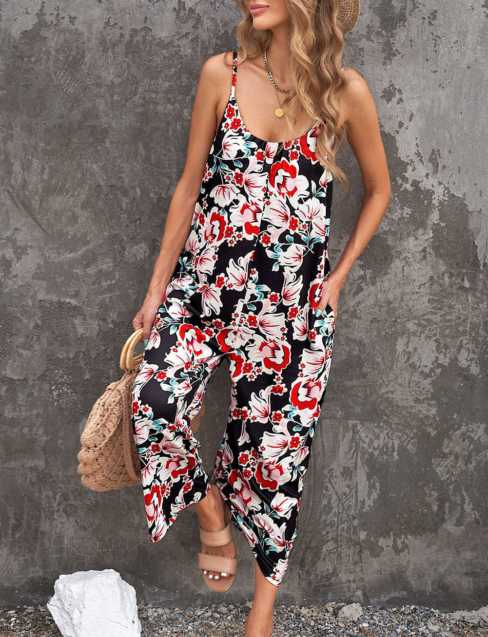 Floral Print Casual Jumpsuit – Stylish Summer Overalls with Pockets