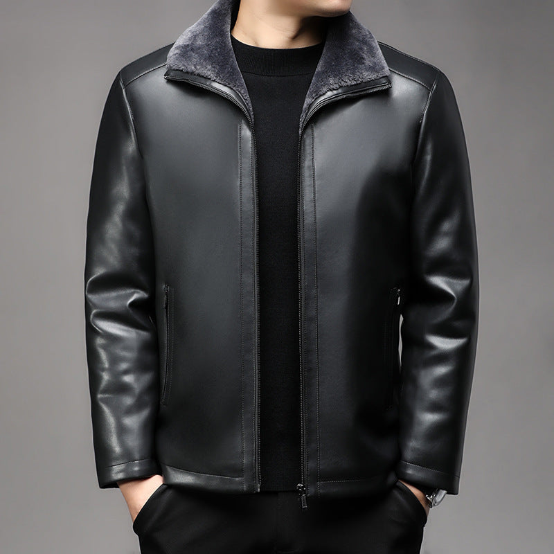 Men’s Leather Jacket Fur Lapel Fleece-Lined Warm Coat