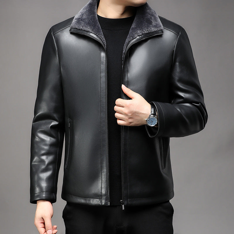Men’s Leather Jacket Fur Lapel Fleece-Lined Warm Coat