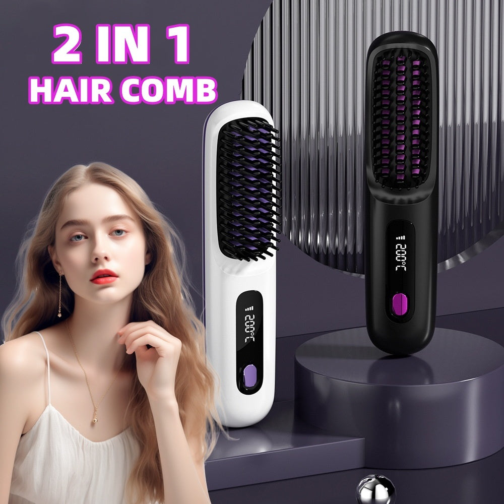 2-in-1 Wireless Hair Straightener – Fast Heating Comb & Curler
