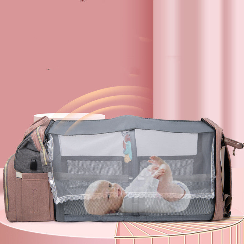Multifunctional Baby Diaper Backpack With Folding Crib