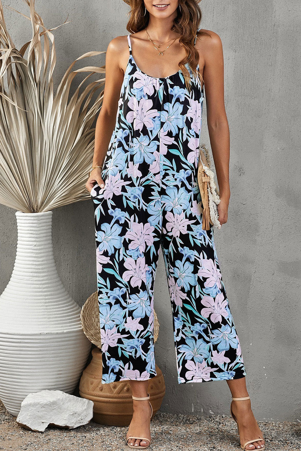 Floral Print Casual Jumpsuit – Stylish Summer Overalls with Pockets